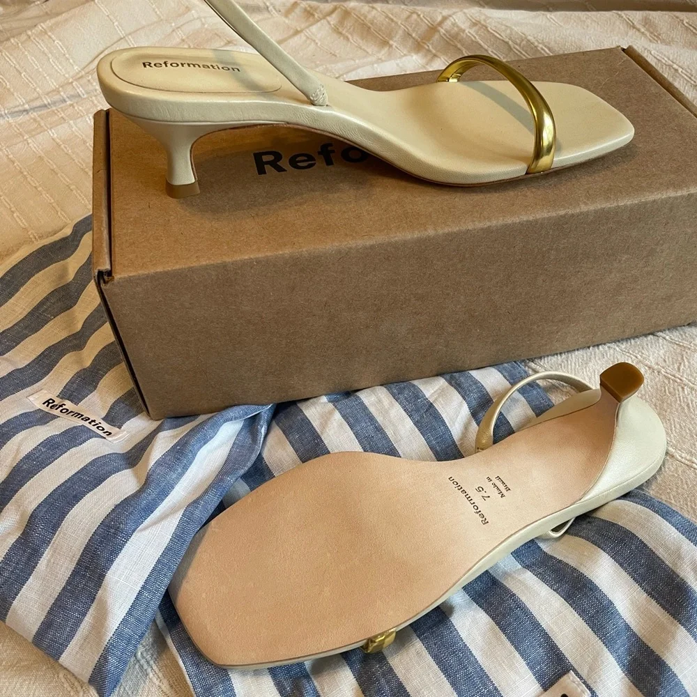 Reformation Ivory Slingback Heels with Gold Straps